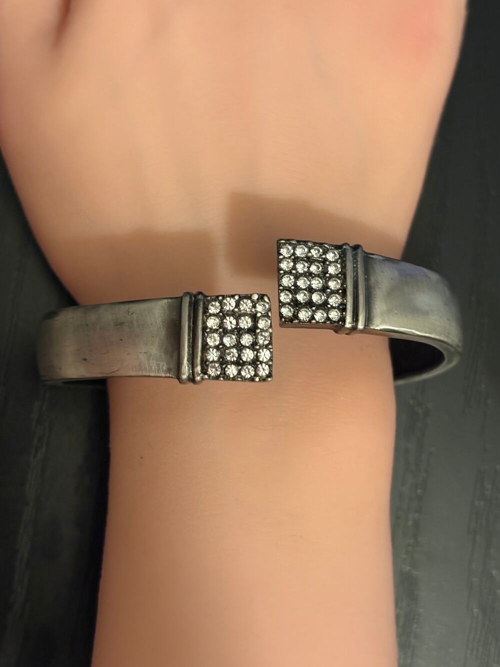 Vintage Gunmetal Rhinestone Hinged Bangle 7”